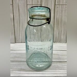Putnam Lightning Fruit Canning Jar Aqua Glass Lid Wire Bail 1 Qt 4 cup Antique